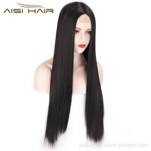 Aisi Hair 26 inch Natural Black Wig Long Silky Straight Lace Frontal Wig Middle Part Synthetic Front Lace Hair Wigs For Women